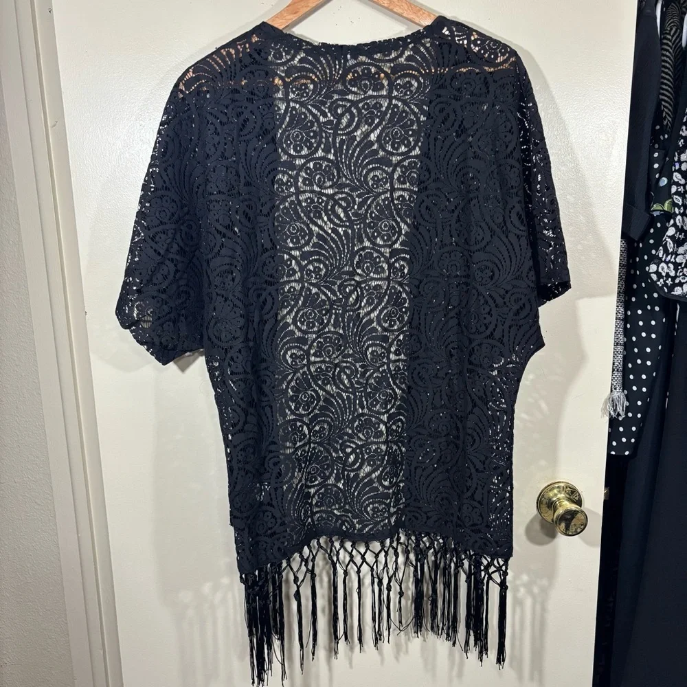 Vanity Y2K Black Lace Cover-Up Kimono with Fringe Size L